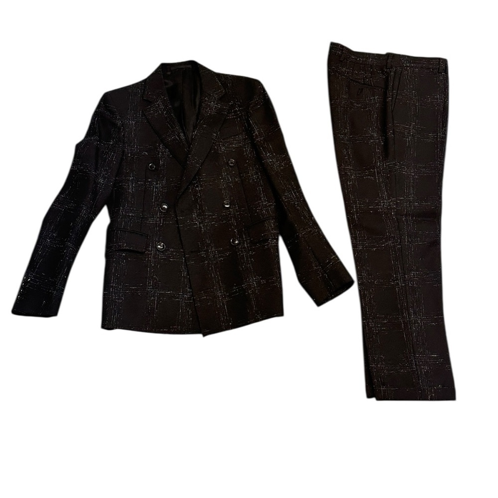 PORTS 1961 Double-Breasted Wool Suit — Black Grid Jacquard,